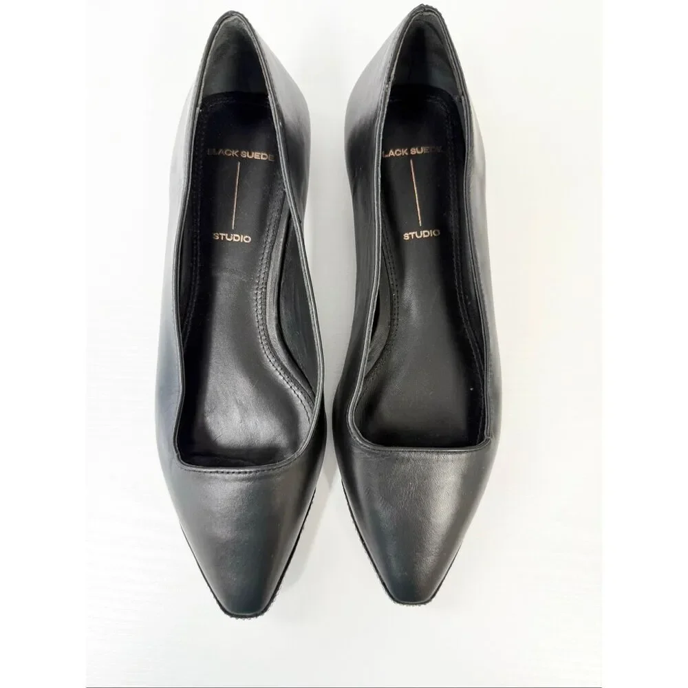 Black Suede Studio Womens Black Leather Aria Embellished Toe Cap Flats Size 5.5